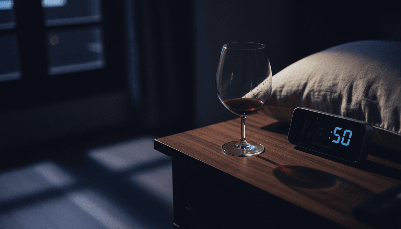 Copa de vino tinto vacía sobre mesa de noche en penumbra azulada