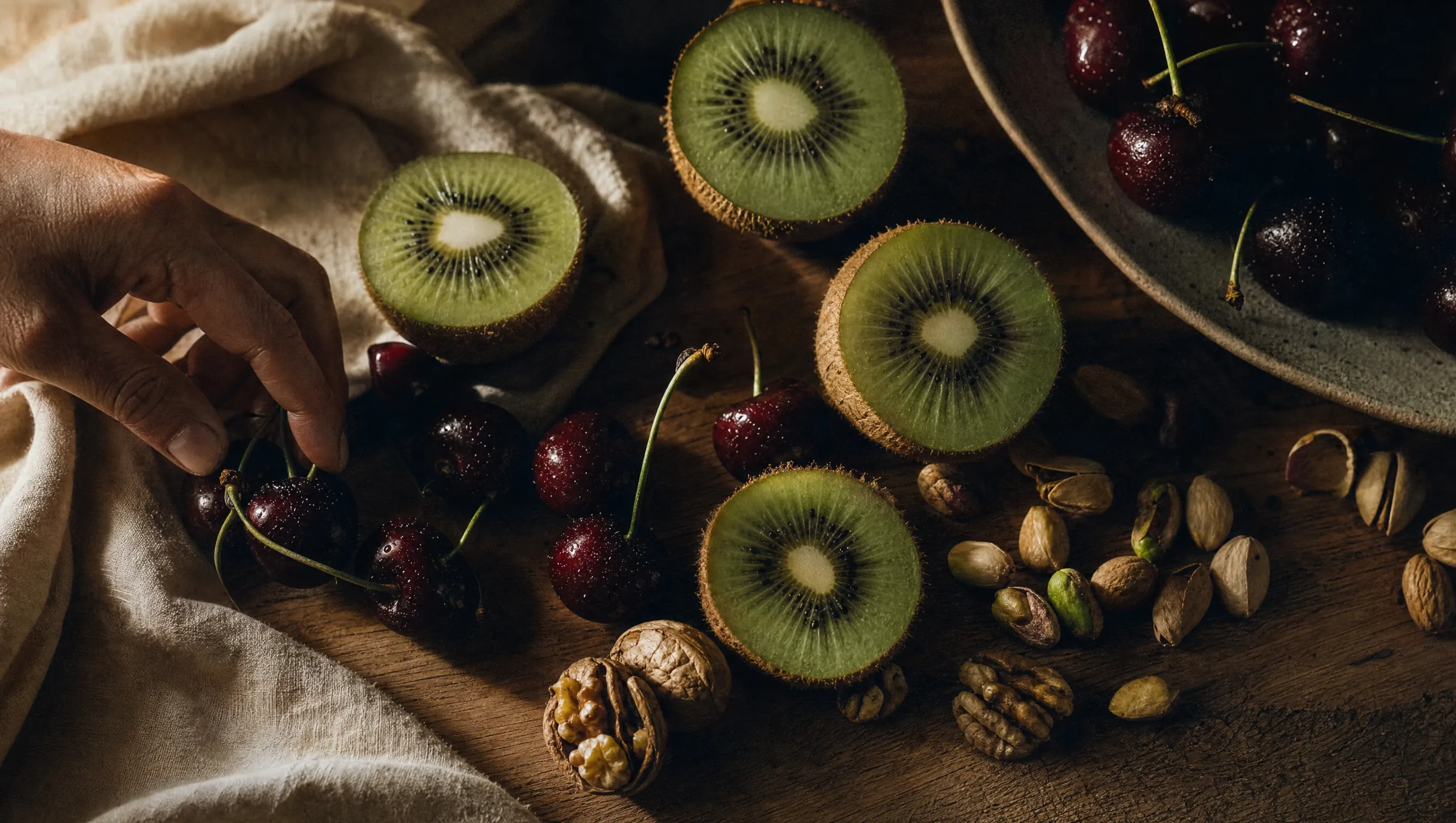 Kiwis partidos, cerezas oscuras y nueces sobre una tabla de madera con luz cálida de tarde