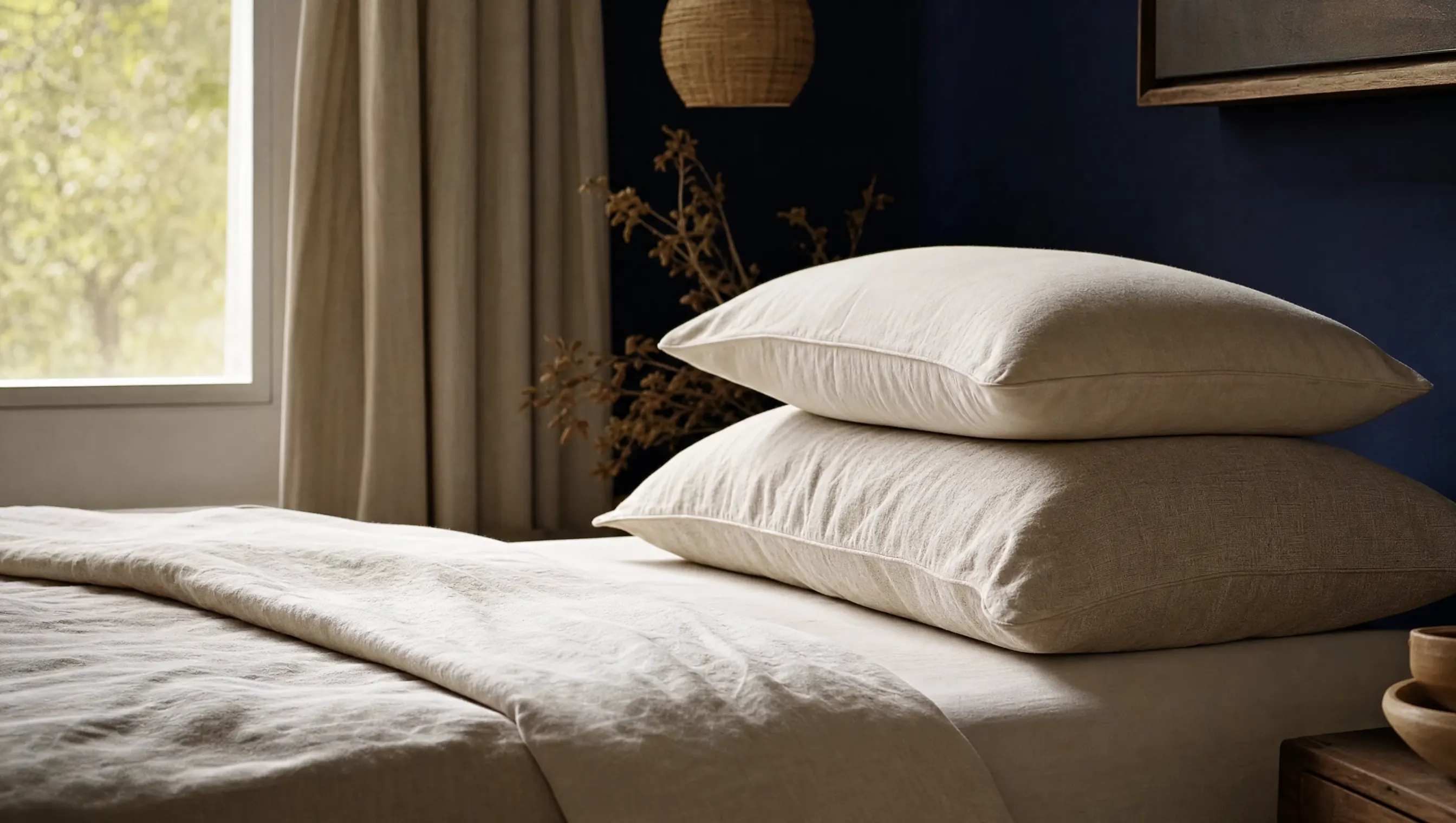 Almohadas apiladas sobre una cama tendida con sábanas de lino claro y luz natural suave