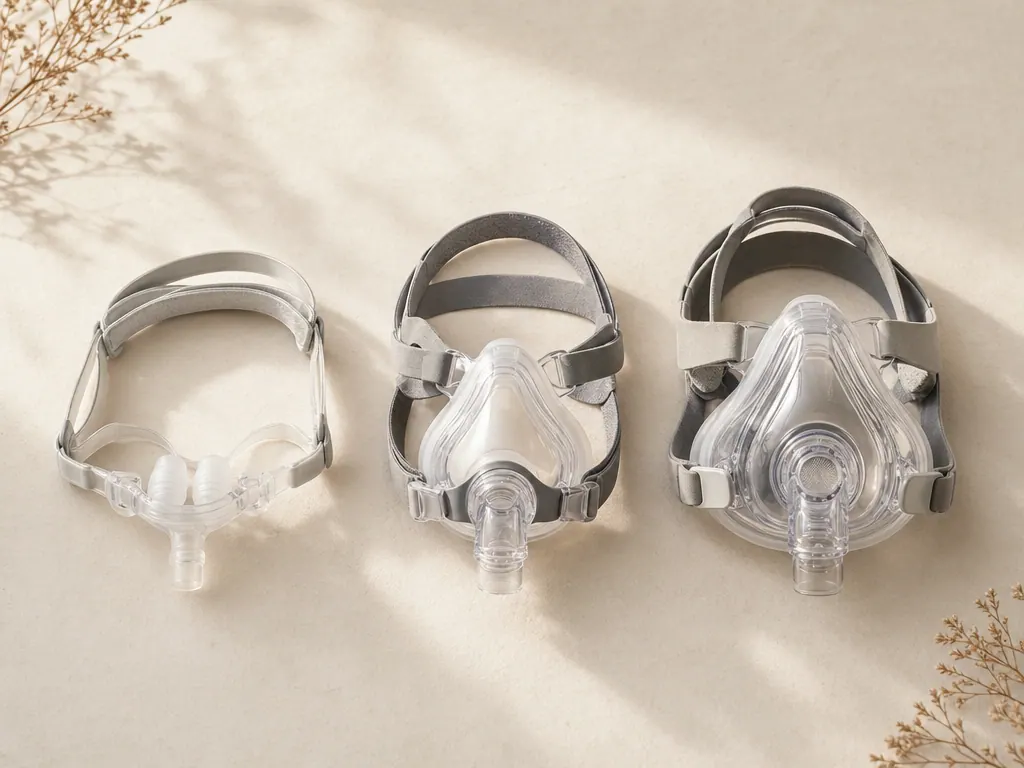Tres tipos de máscara CPAP (almohadillas nasales, nasal, full face) ordenadas sobre superficie cream editorial