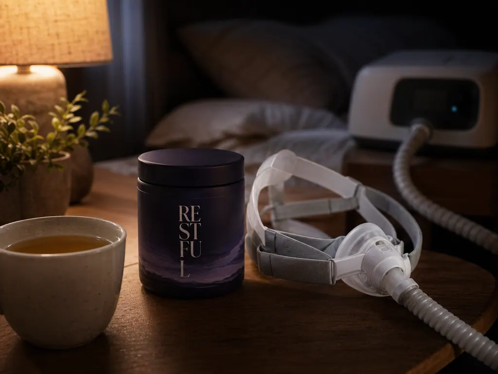 Tarro morado de Restful y bebida ámbar en taza junto a máscara CPAP en mesa de noche con luz cálida