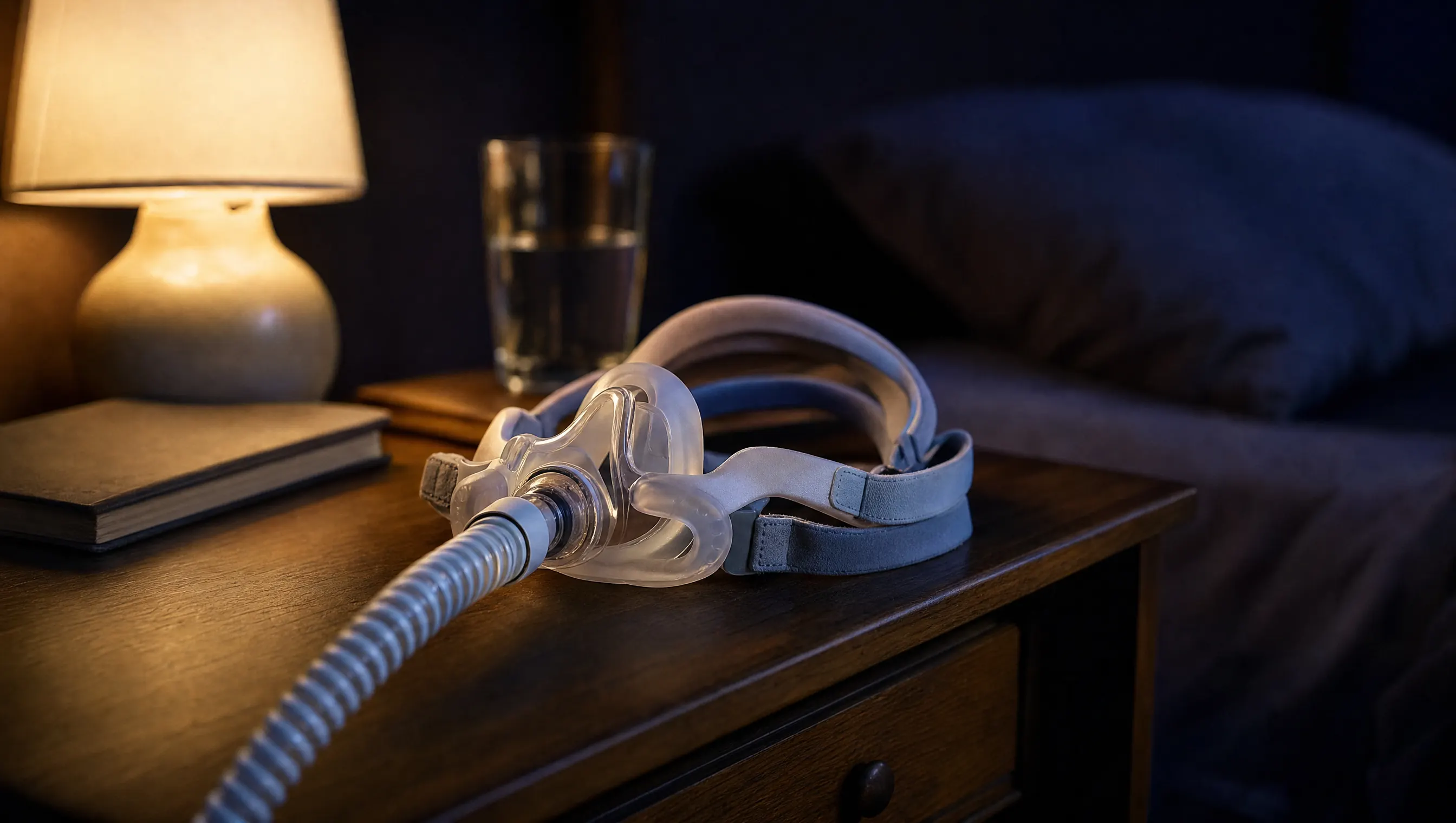 Mascarilla nasal de CPAP sobre mesa de noche con luz cálida tenue