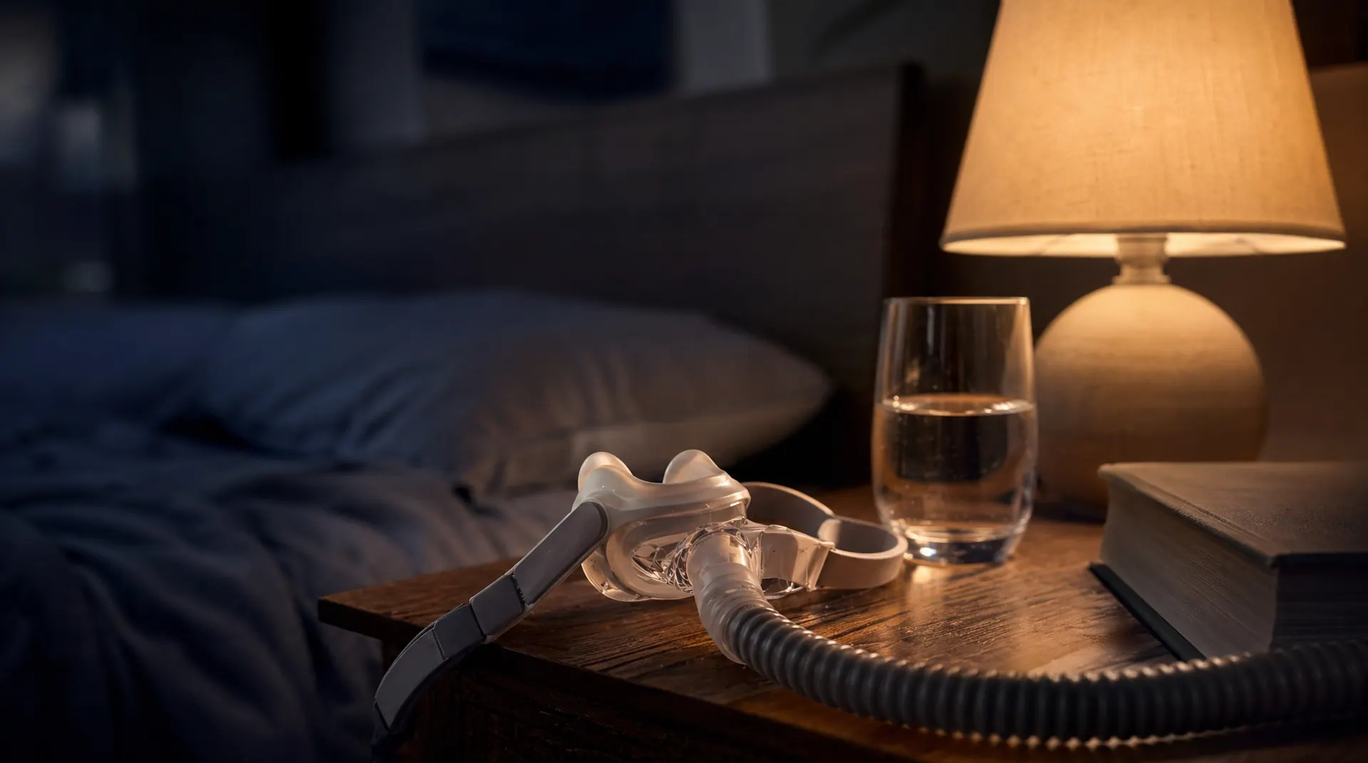 Mascarilla nasal de CPAP sobre mesa de noche con luz cálida tenue