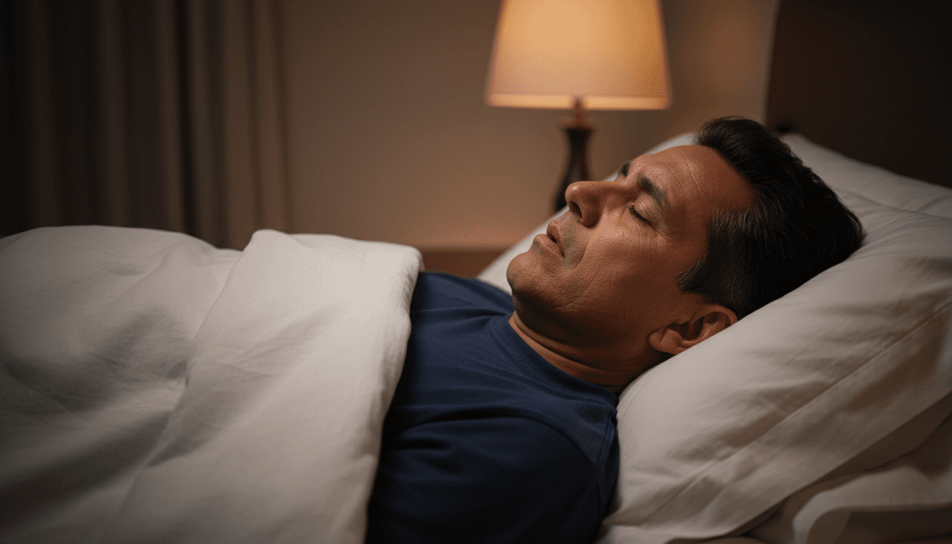 Hombre adulto durmiendo boca arriba en cama, con expresión de respiración pesada bajo luz tenue