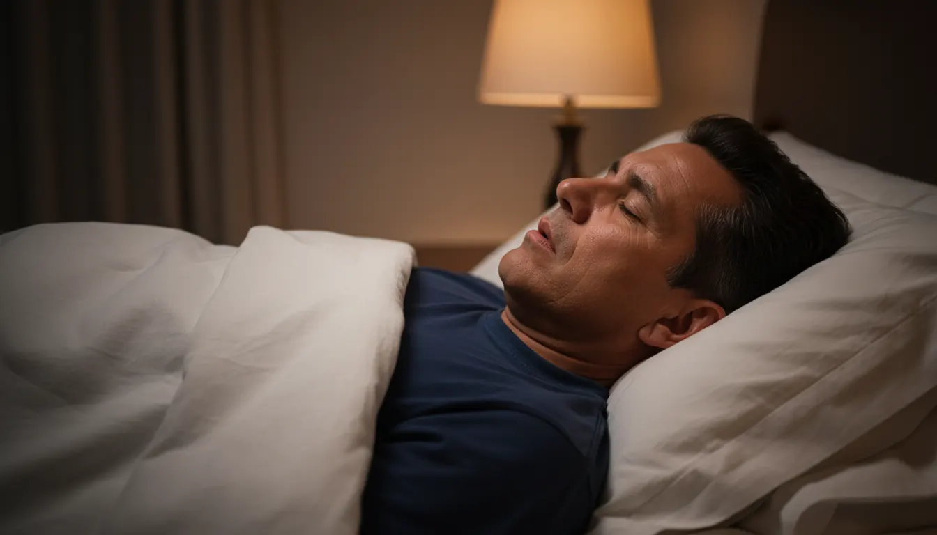 Hombre adulto durmiendo boca arriba en cama, con expresión de respiración pesada bajo luz tenue