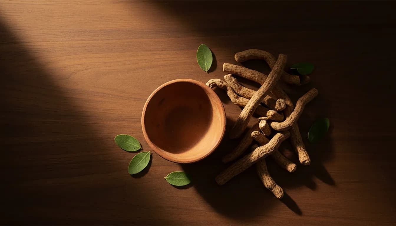 Raíces secas de ashwagandha sobre un cuenco de cerámica de barro con luz cálida natural