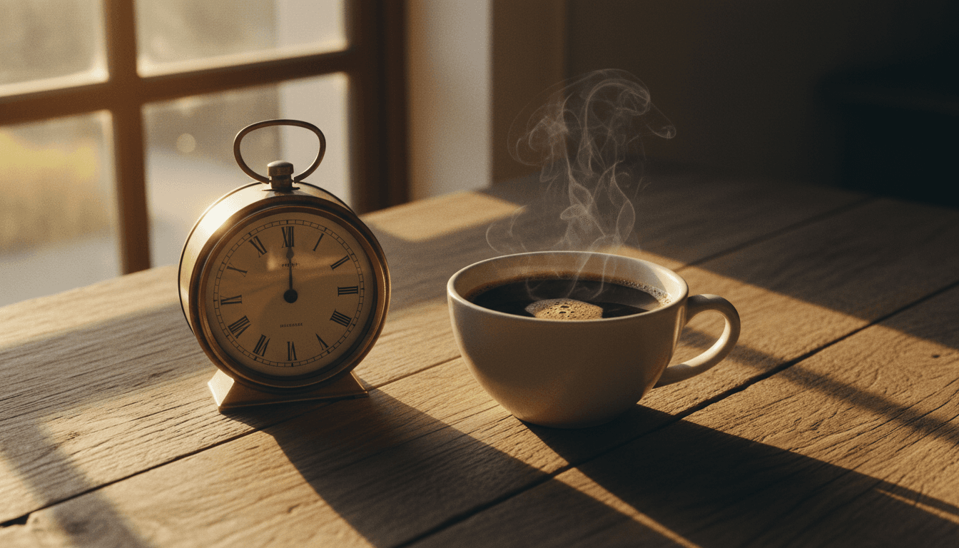 Taza de café tinto humeante sobre mesa de madera con luz cálida del atardecer