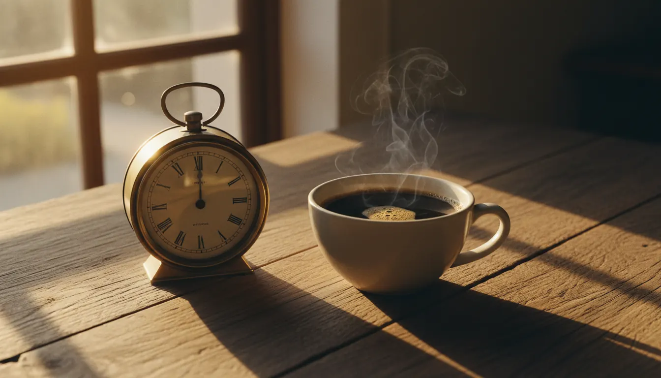 Taza de café tinto humeante sobre mesa de madera con luz cálida del atardecer