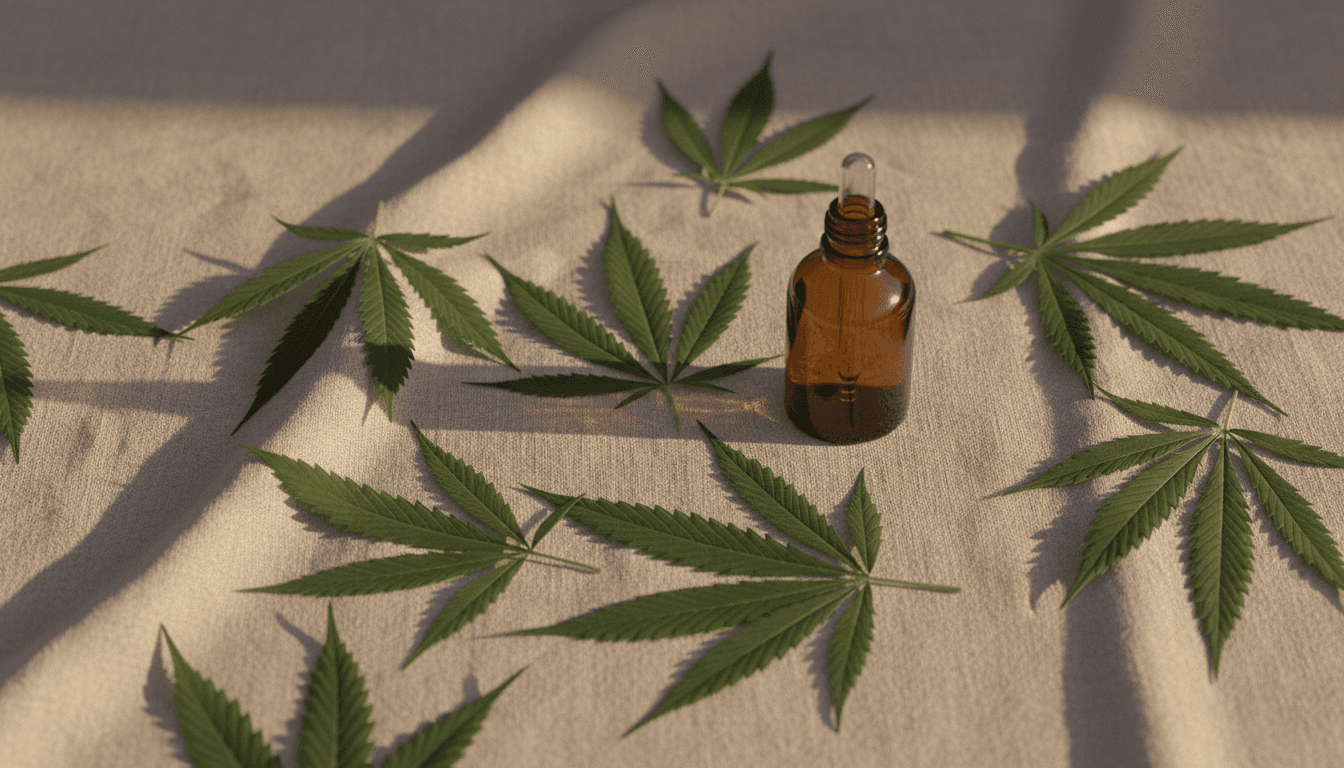 Hojas verdes de cáñamo y gotero de aceite ámbar sobre lino crudo natural