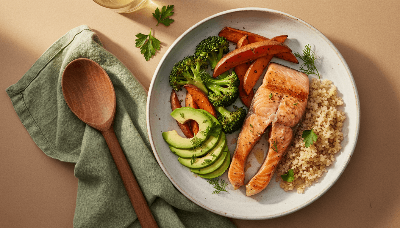 Cena ligera con verduras y pescado en plato cerámico claro sobre lino crudo