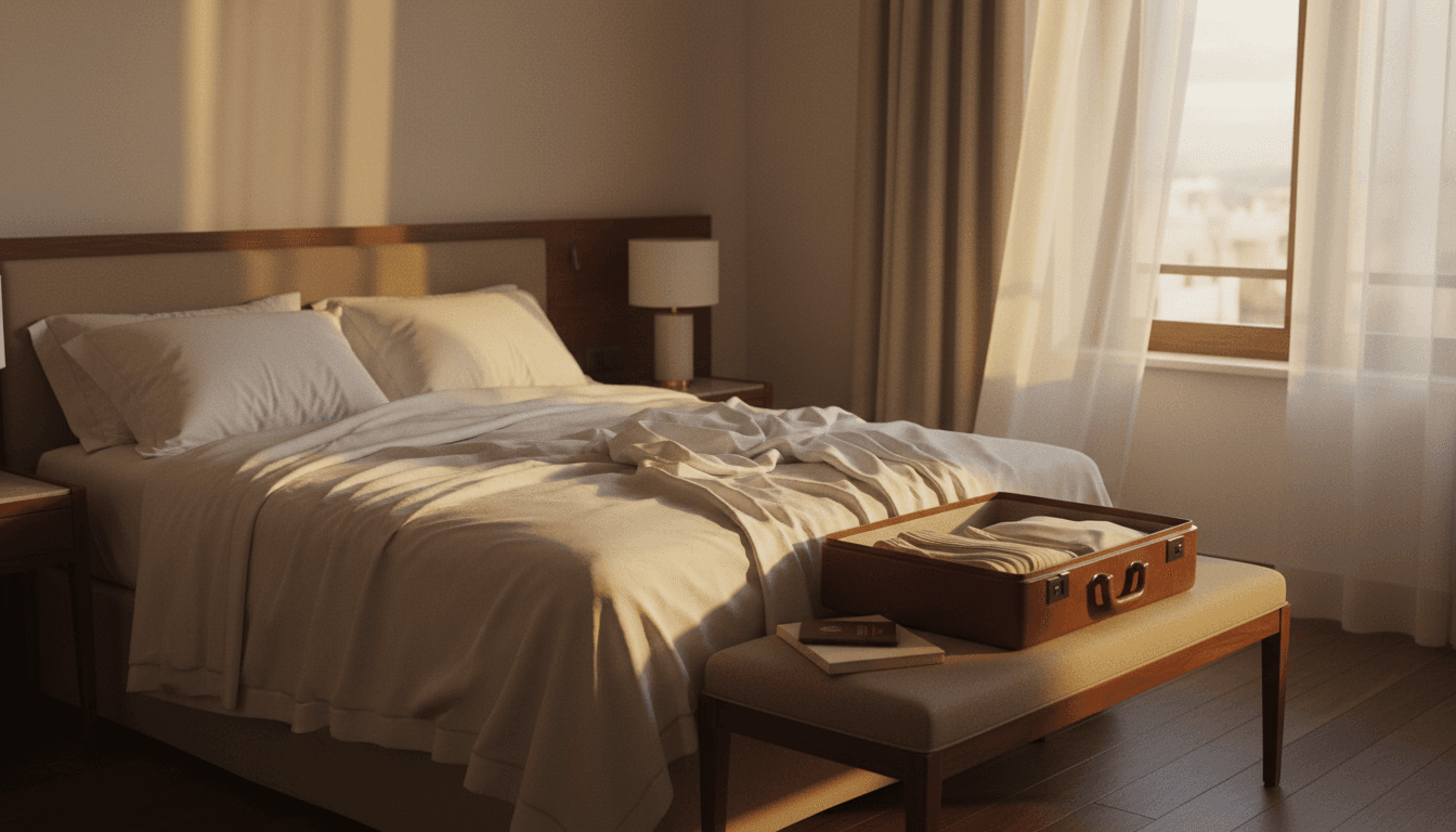 Habitación de hotel con cama deshecha al amanecer y maleta abierta sobre un sofá, luz cálida