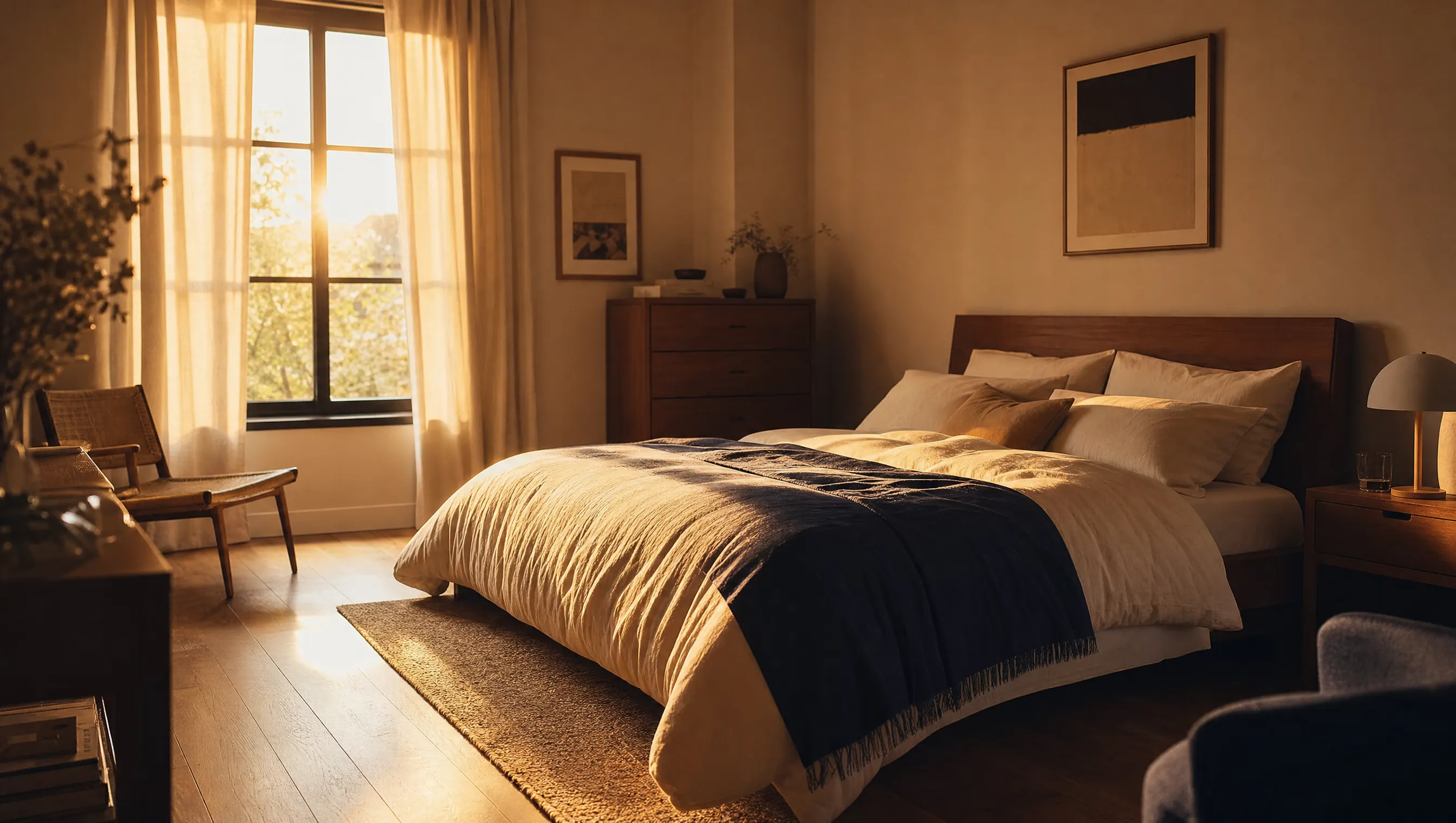 Dormitorio ordenado al amanecer con la cama tendida y luz cálida entrando por una ventana