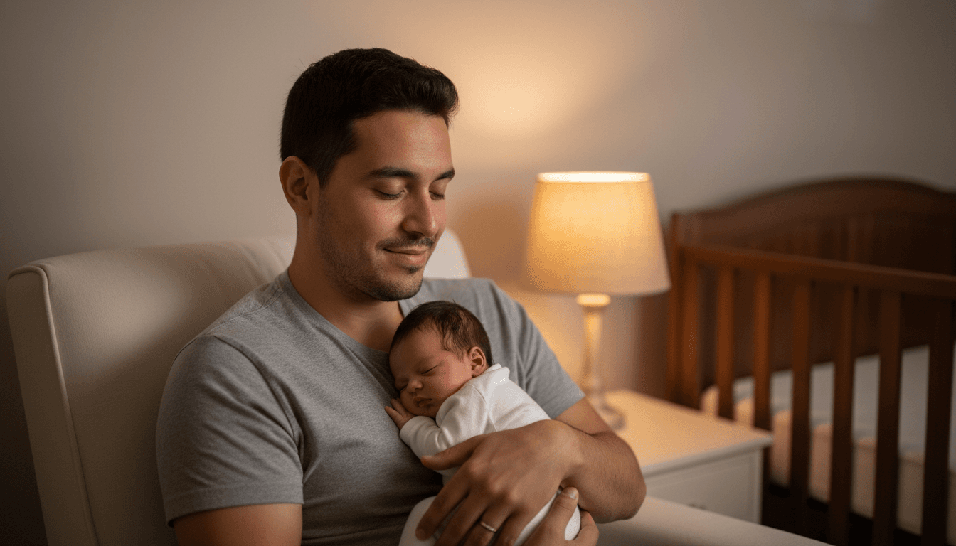 Padre joven latinoamericano sosteniendo bebé recién nacido en penumbra cálida del cuarto