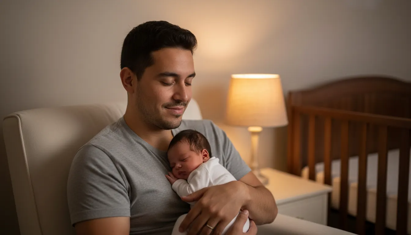 Padre joven latinoamericano sosteniendo bebé recién nacido en penumbra cálida del cuarto