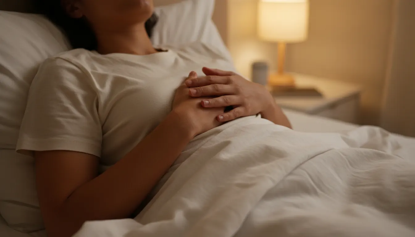Persona acostada en cama de lino blanco con ojos cerrados, manos cruzadas sobre el pecho, luz cálida tenue