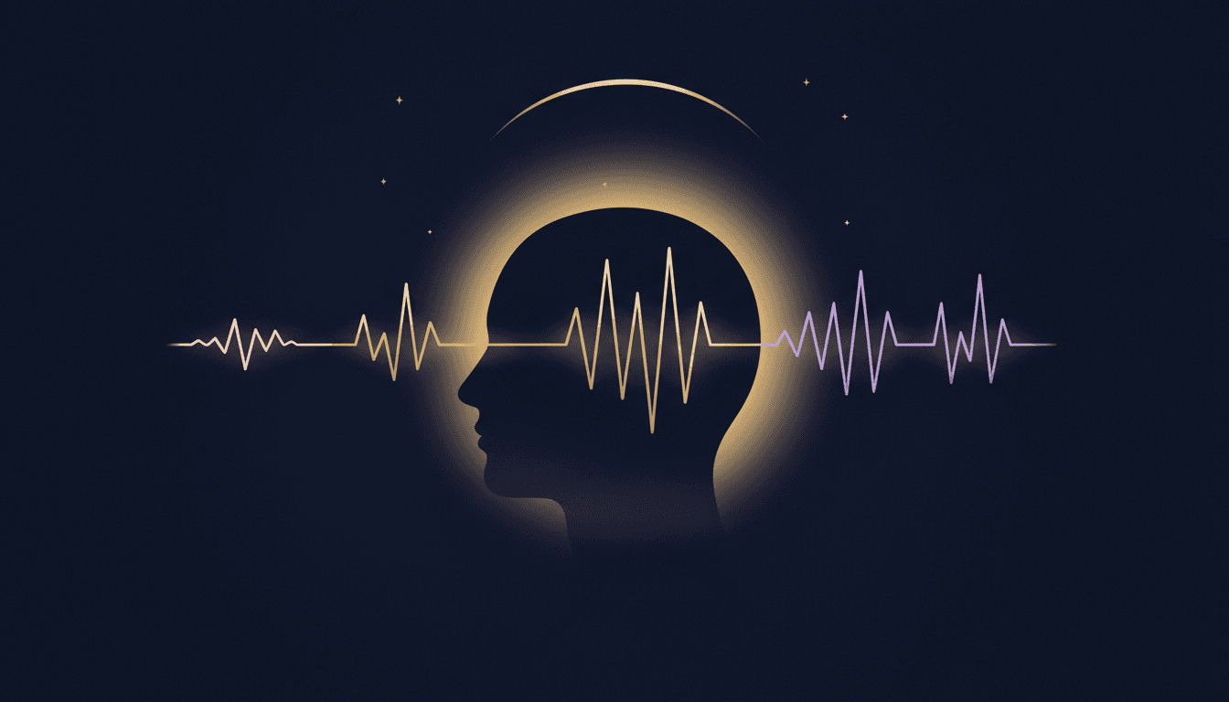 Diagrama editorial de un cerebro humano y ondas cerebrales nocturnas en tonos azul profundo y violeta