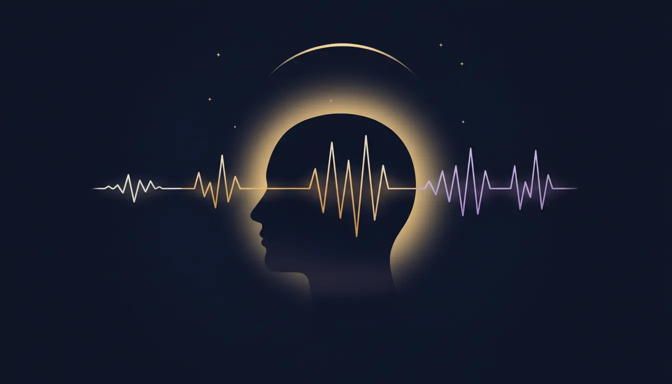 Diagrama editorial de un cerebro humano y ondas cerebrales nocturnas en tonos azul profundo y violeta