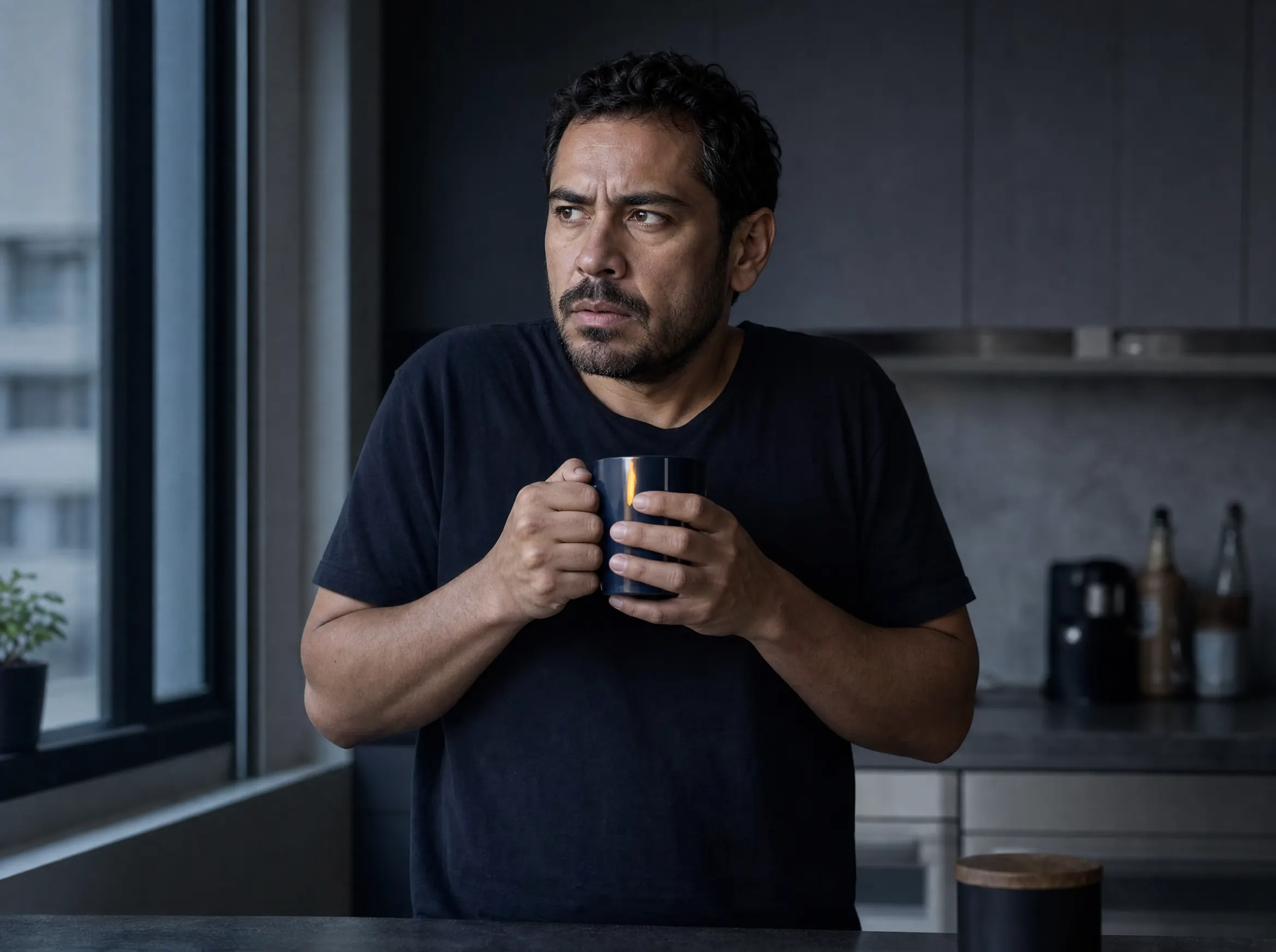 Hombre sosteniendo una taza con las dos manos frente a la ventana de la cocina en la mañana, con los hombros tensos