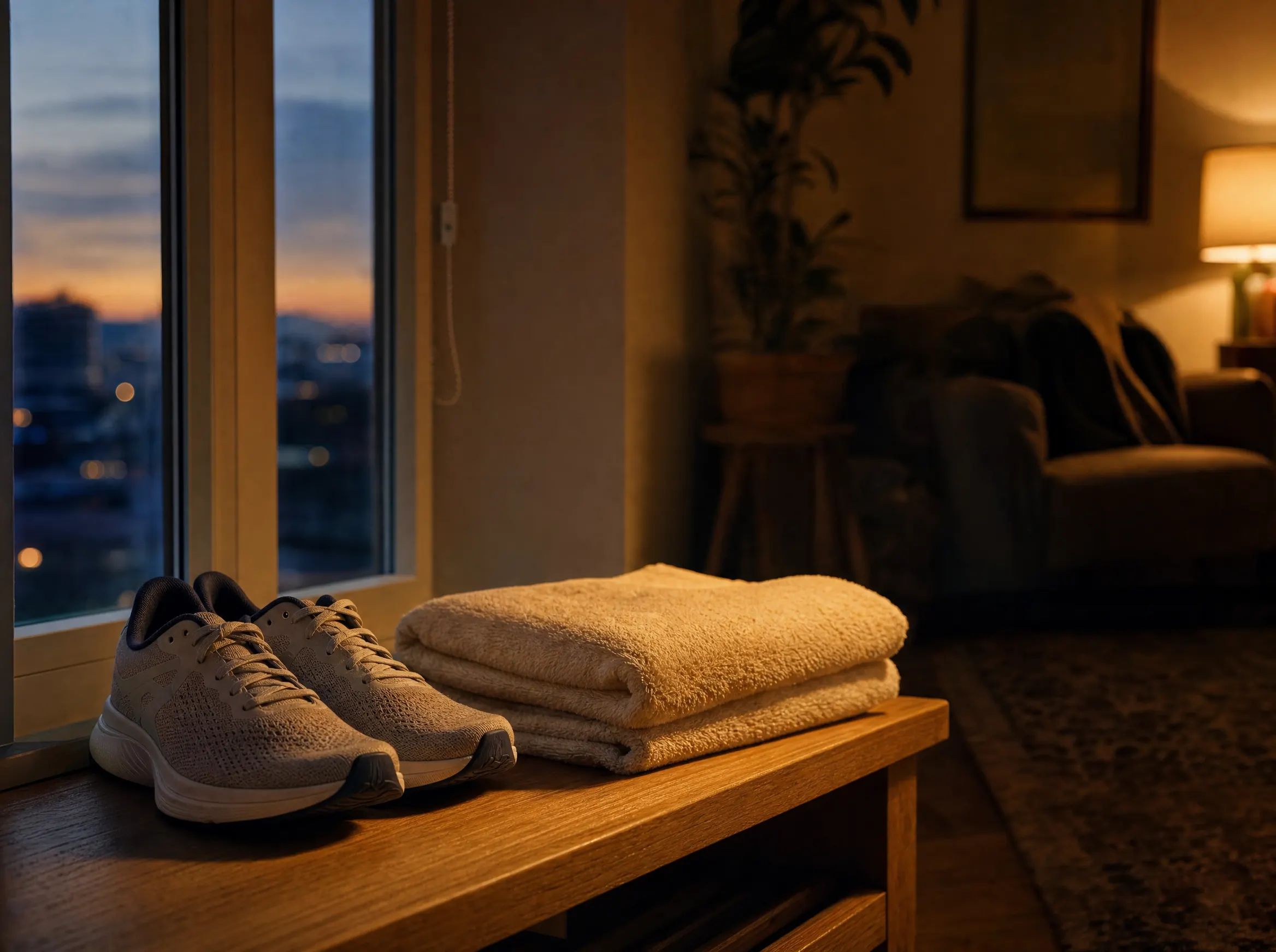 Zapatillas de correr y una toalla doblada sobre un banco de madera junto a la ventana, con luz ámbar del atardecer