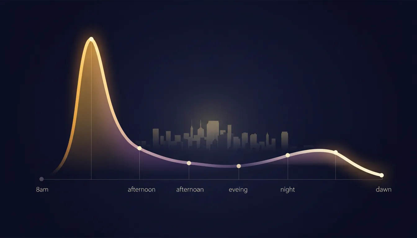 Visualización editorial de un gráfico de curva hormonal sobre fondo nocturno cálido