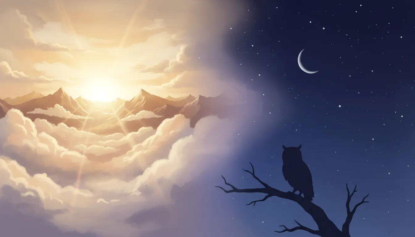 Sol y luna superpuestos en composición editorial dual día-noche