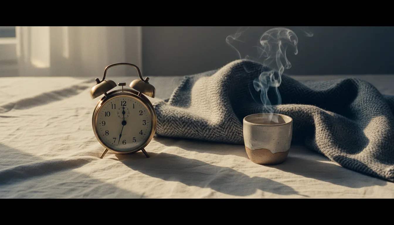 Reloj despertador análogo y manta gris sobre lino crema al amanecer