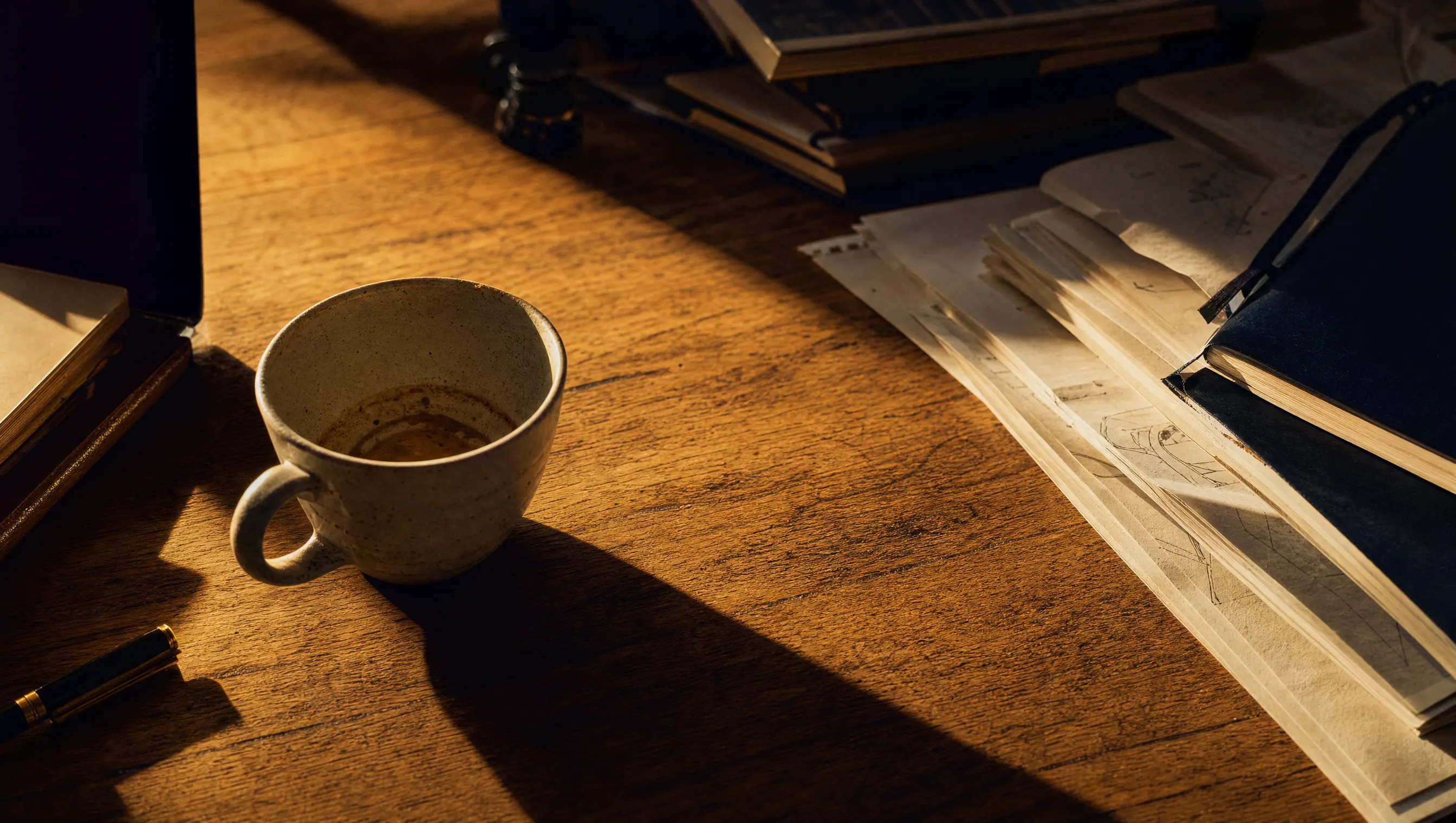 Taza de café vacía sobre un escritorio de madera con la luz dorada del final de la tarde entrando de lado