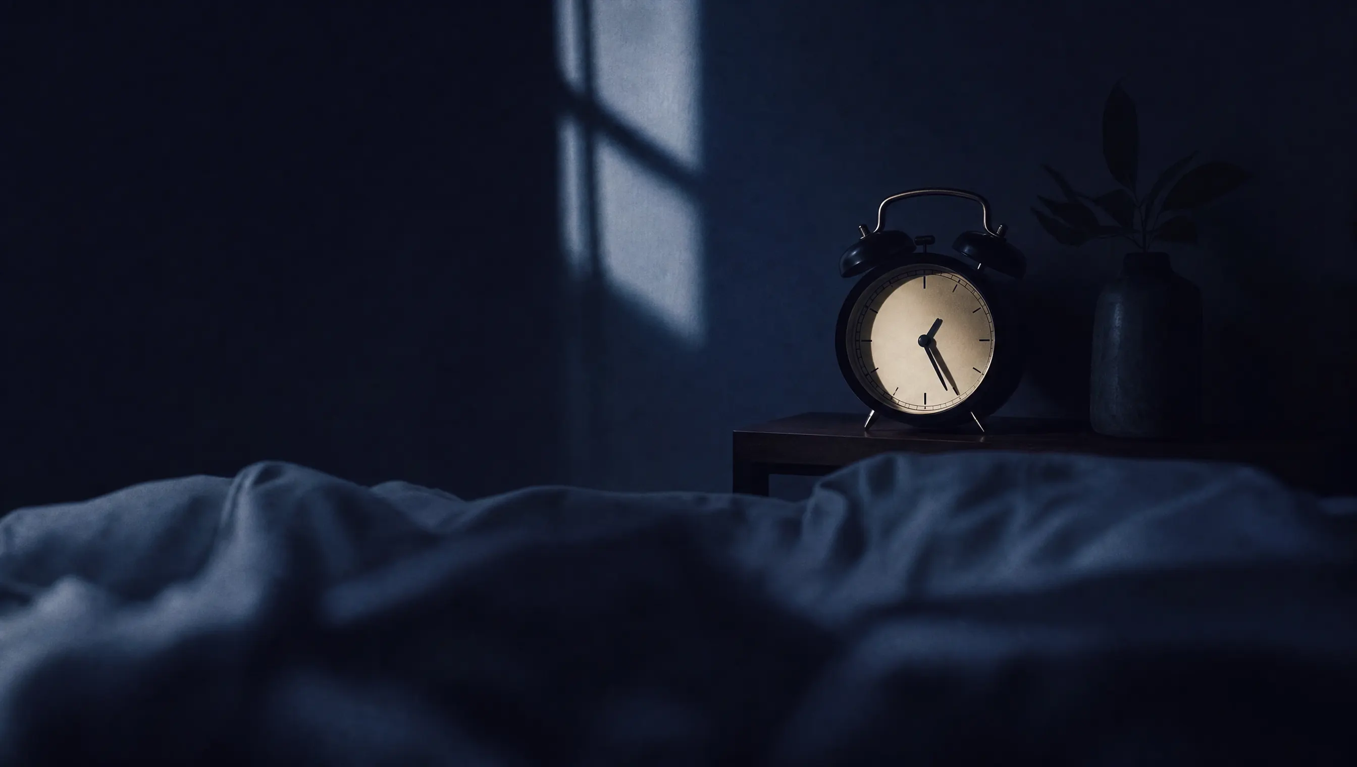 Reloj despertador analógico en la penumbra sobre una mesa de noche, marcando pasada la medianoche