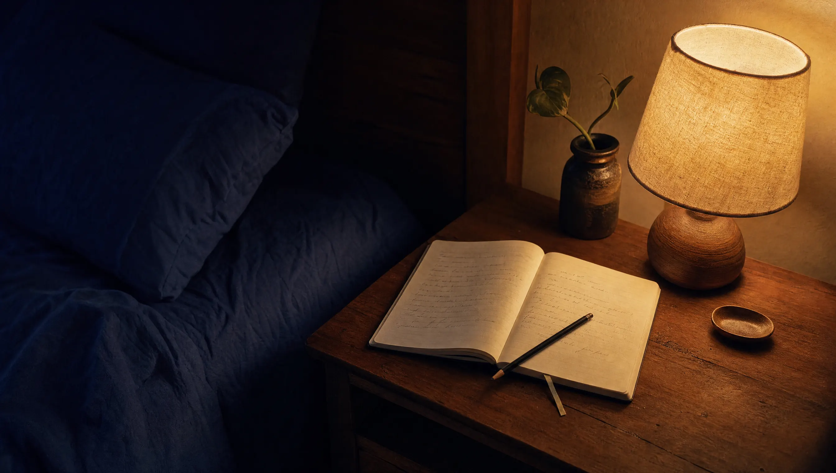 Libreta abierta con un lápiz encima sobre una mesa de noche iluminada por una lámpara cálida