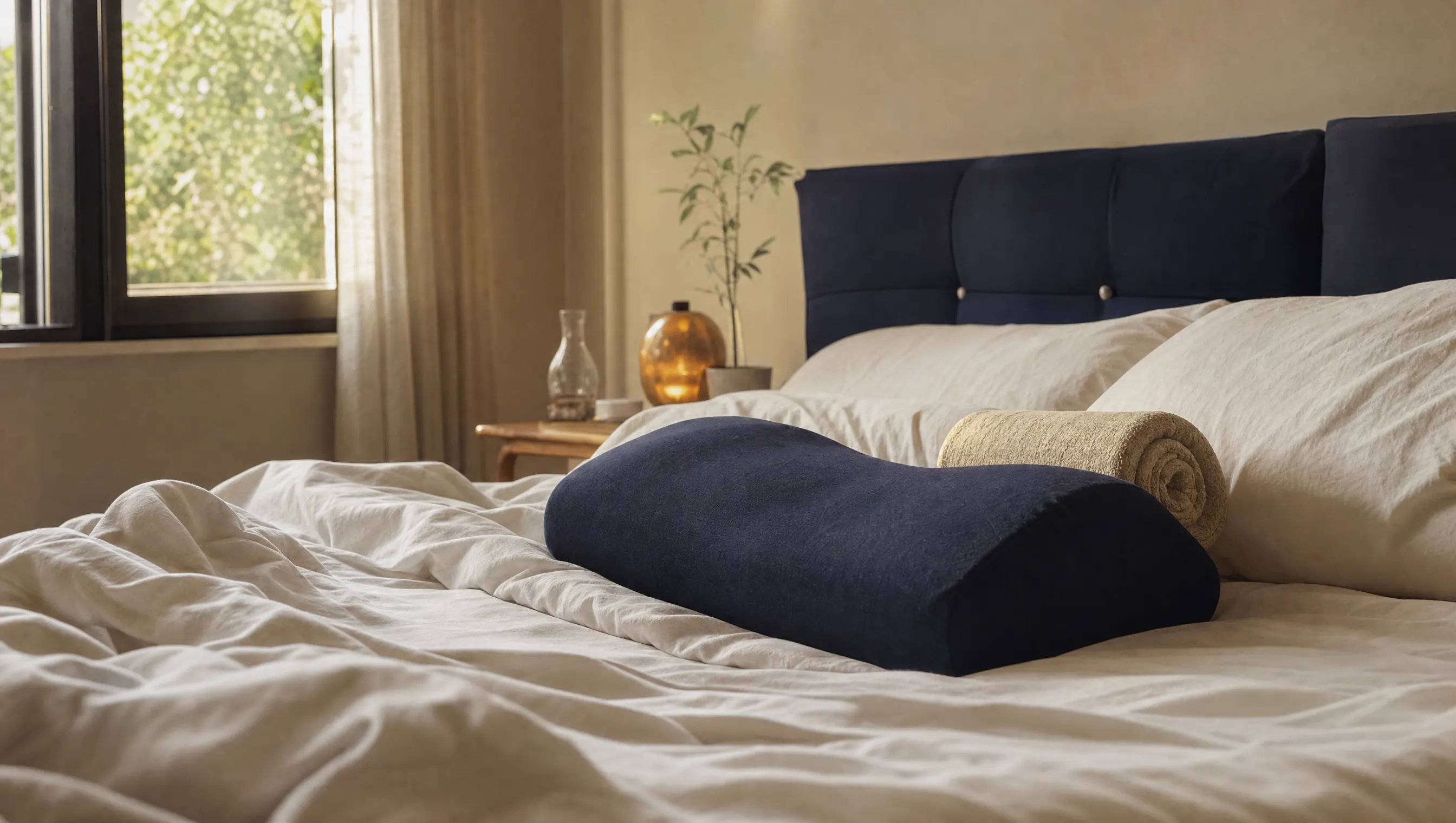 Cama con sábanas revueltas y un cojín firme colocado entre las rodillas, luz suave de mañana