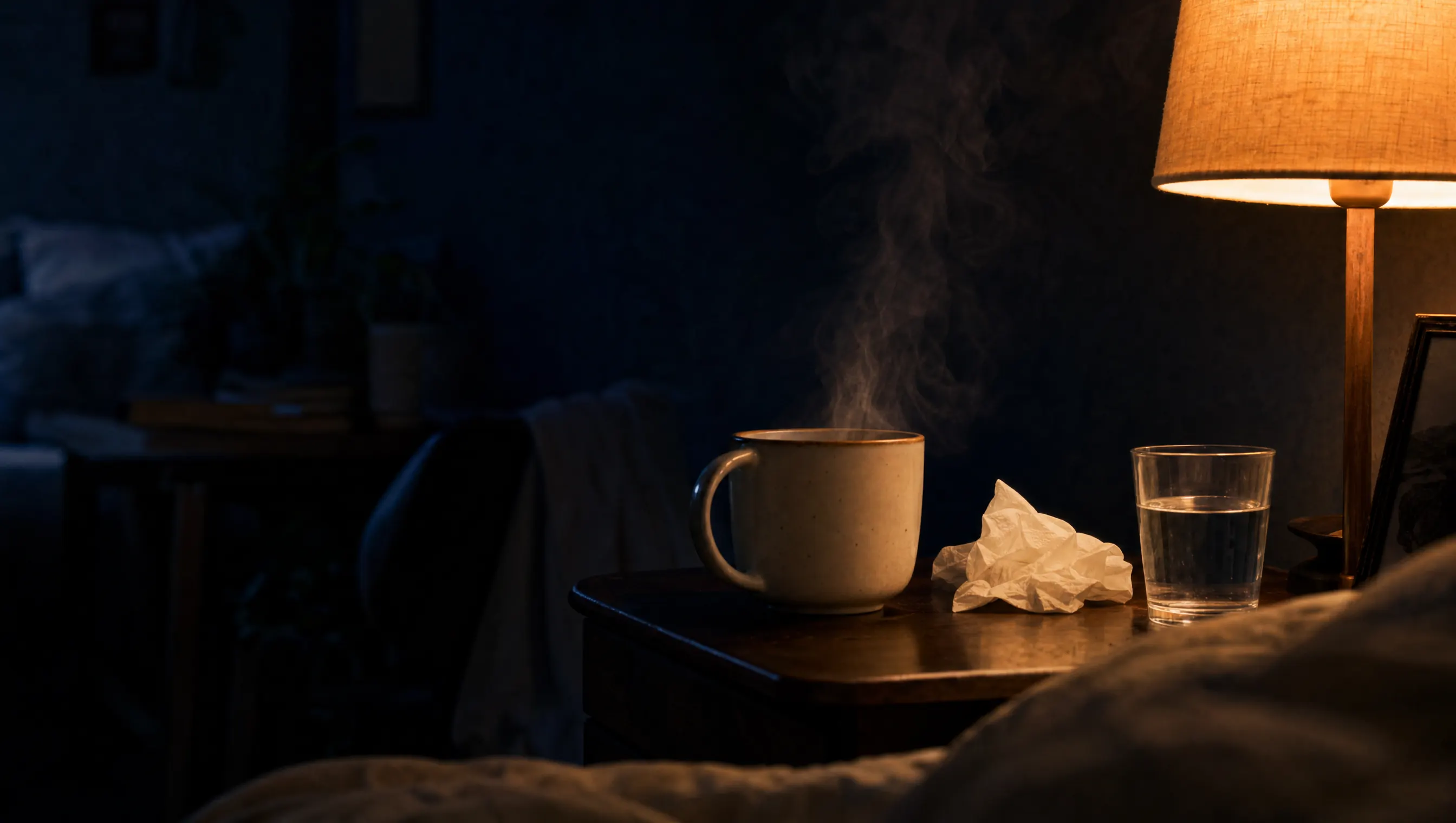 Mesa de noche con una taza humeante, pañuelos y luz cálida tenue en un cuarto en penumbra