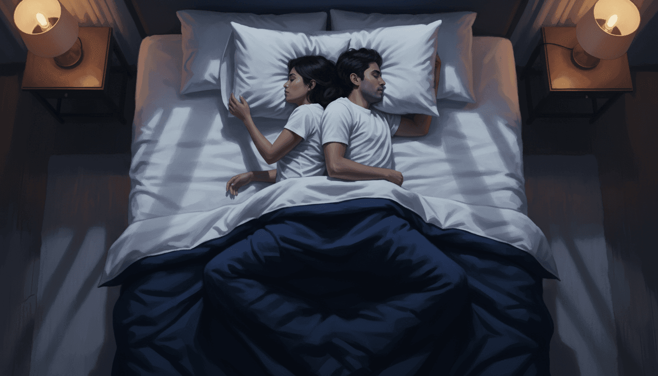 Pareja durmiendo en cama de lino blanco en penumbra cálida, uno de espaldas al otro