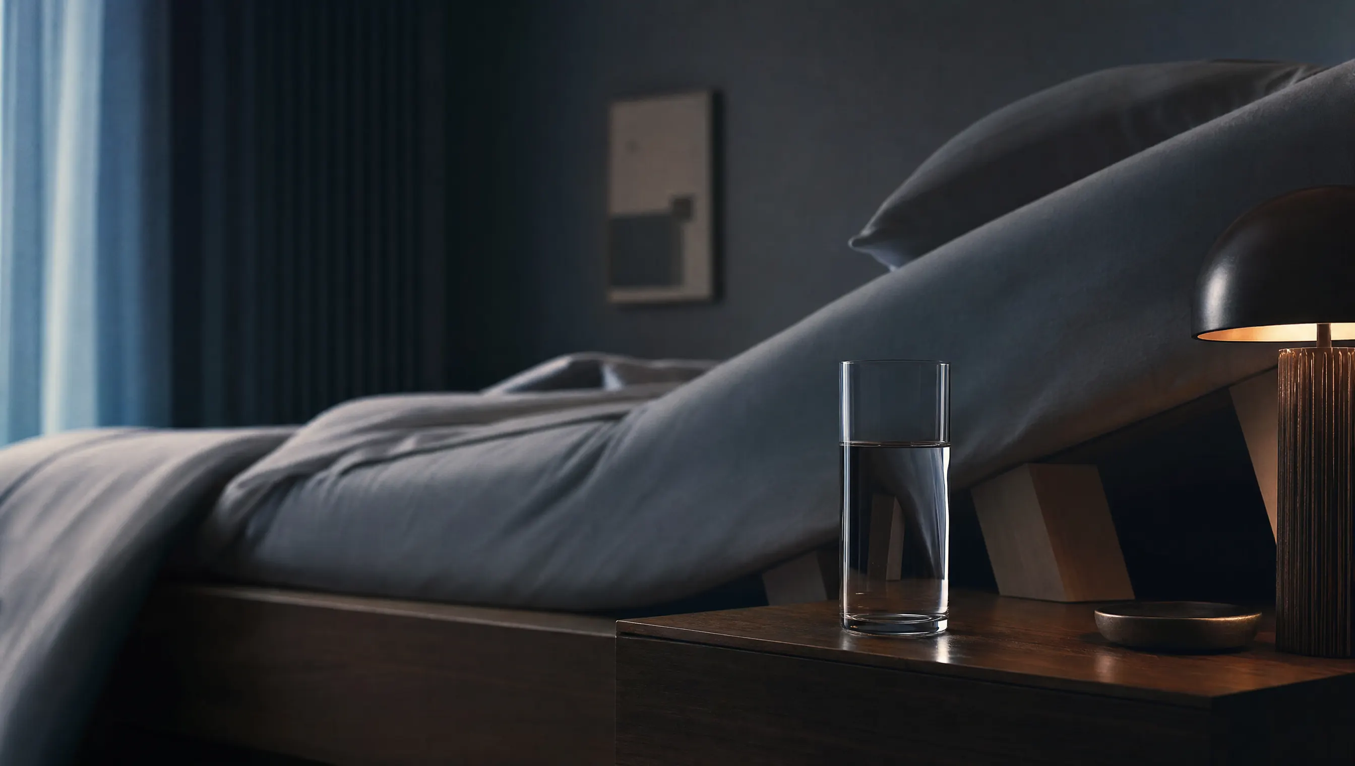 Vaso de agua sobre una mesa de noche junto a una cama con la cabecera ligeramente elevada