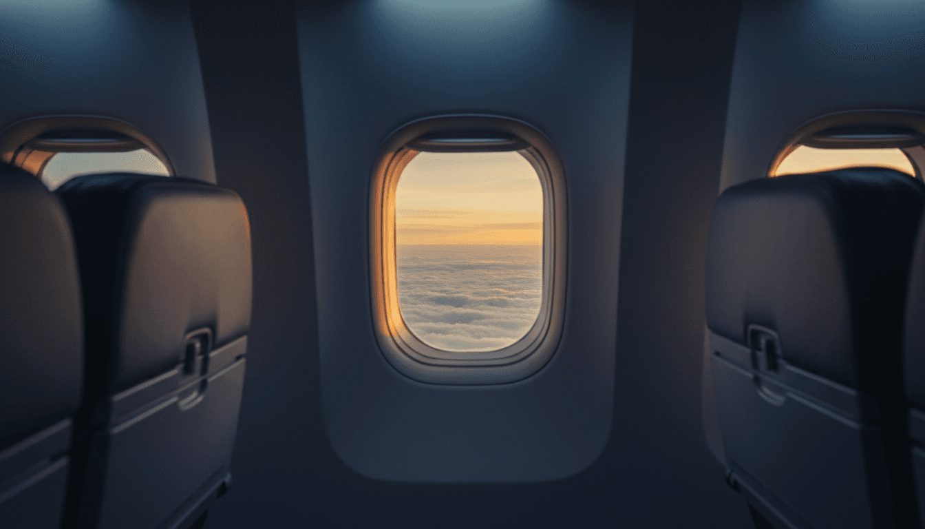 Ventana de avión con luz tenue de cabina al amanecer mostrando nubes y cielo