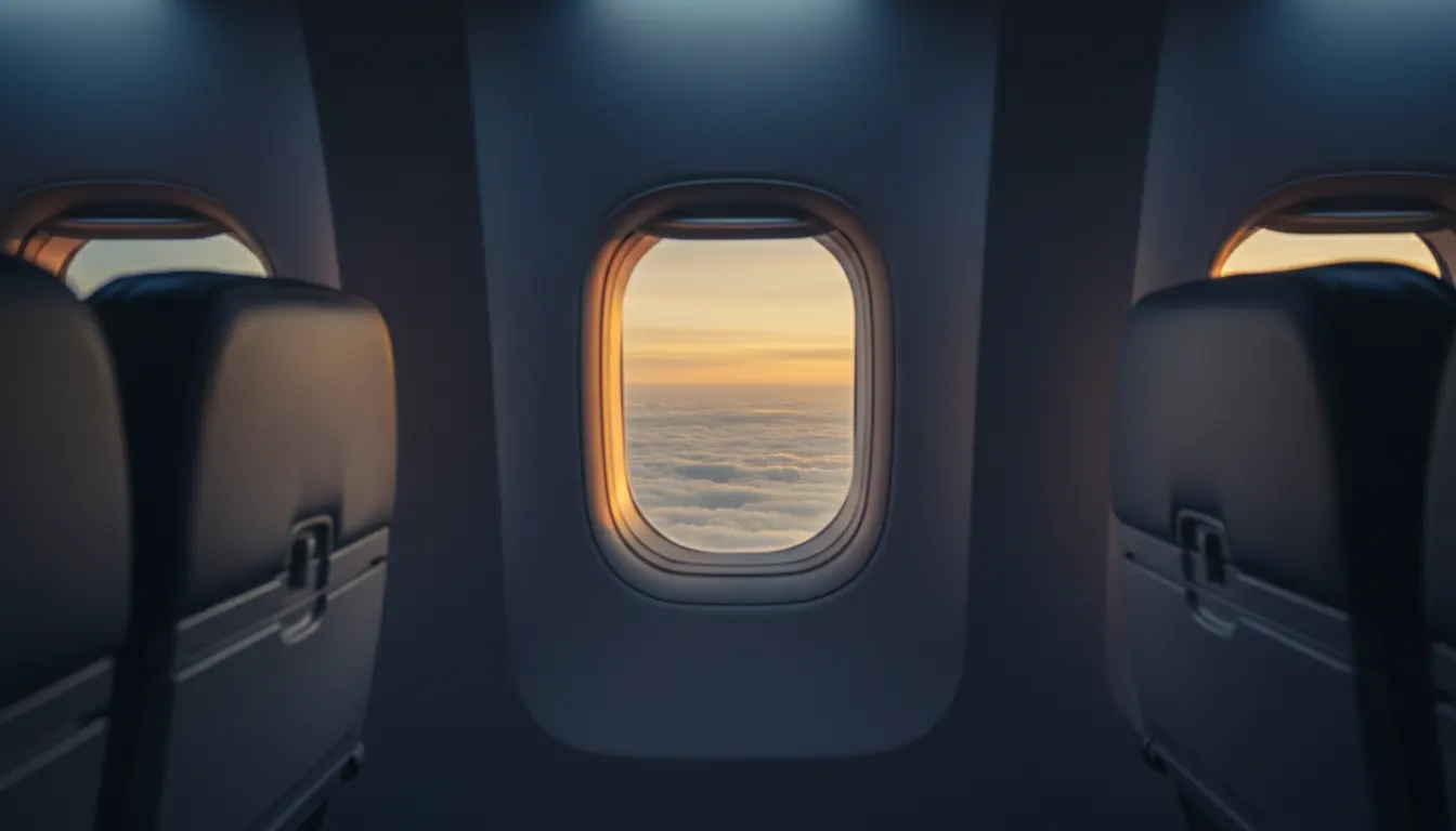 Ventana de avión con luz tenue de cabina al amanecer mostrando nubes y cielo