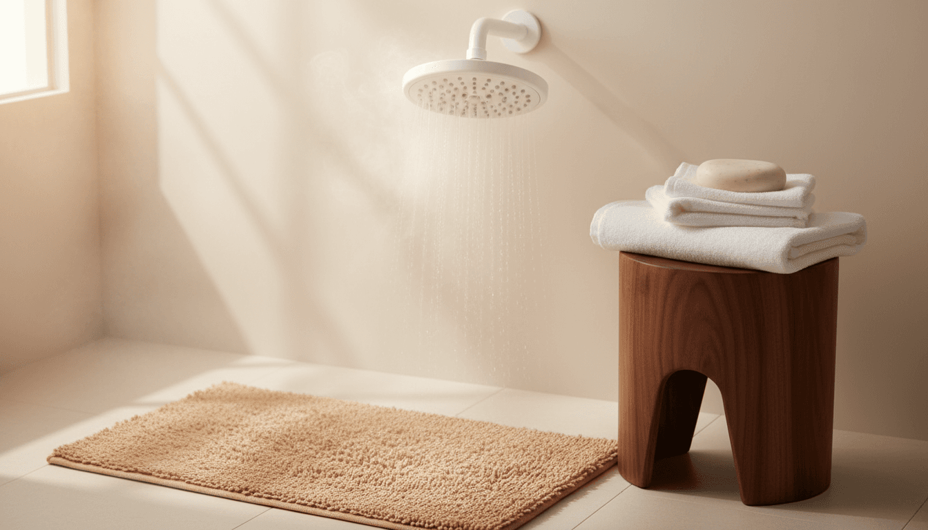 Ducha cerámica blanca con vapor tenue y luz cálida natural