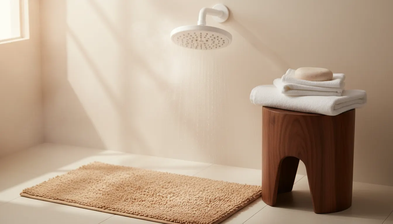 Ducha cerámica blanca con vapor tenue y luz cálida natural