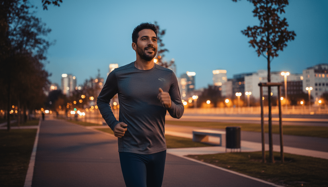 Persona corriendo en parque urbano al atardecer con luces de la ciudad al fondo