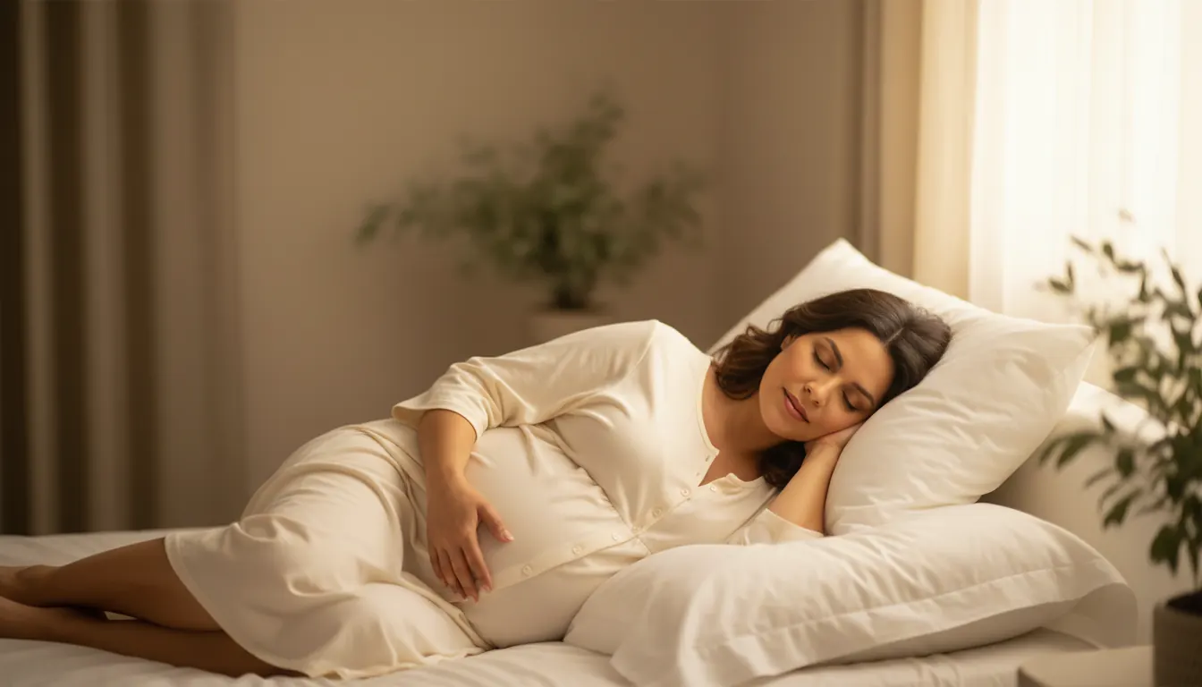 Mujer embarazada acostada de lado en cama clara con almohadas de cuerpo, luz suave matinal
