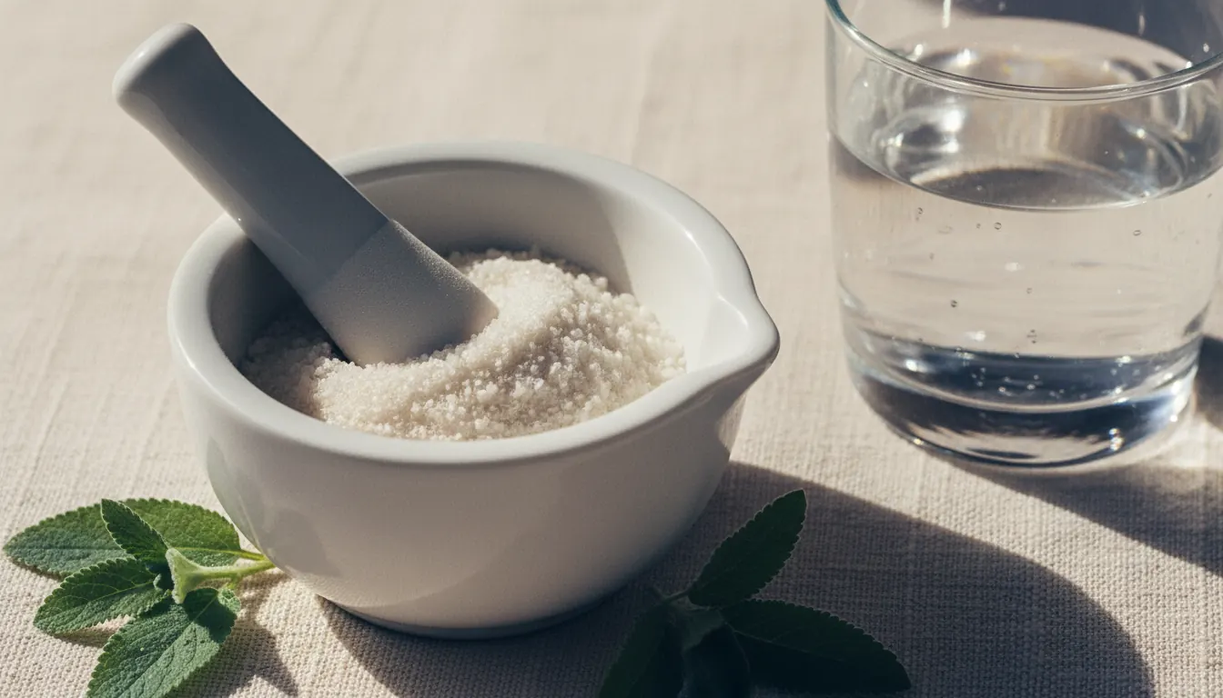 Mortero de cerámica con polvo blanco de glicinato de magnesio sobre lino crema