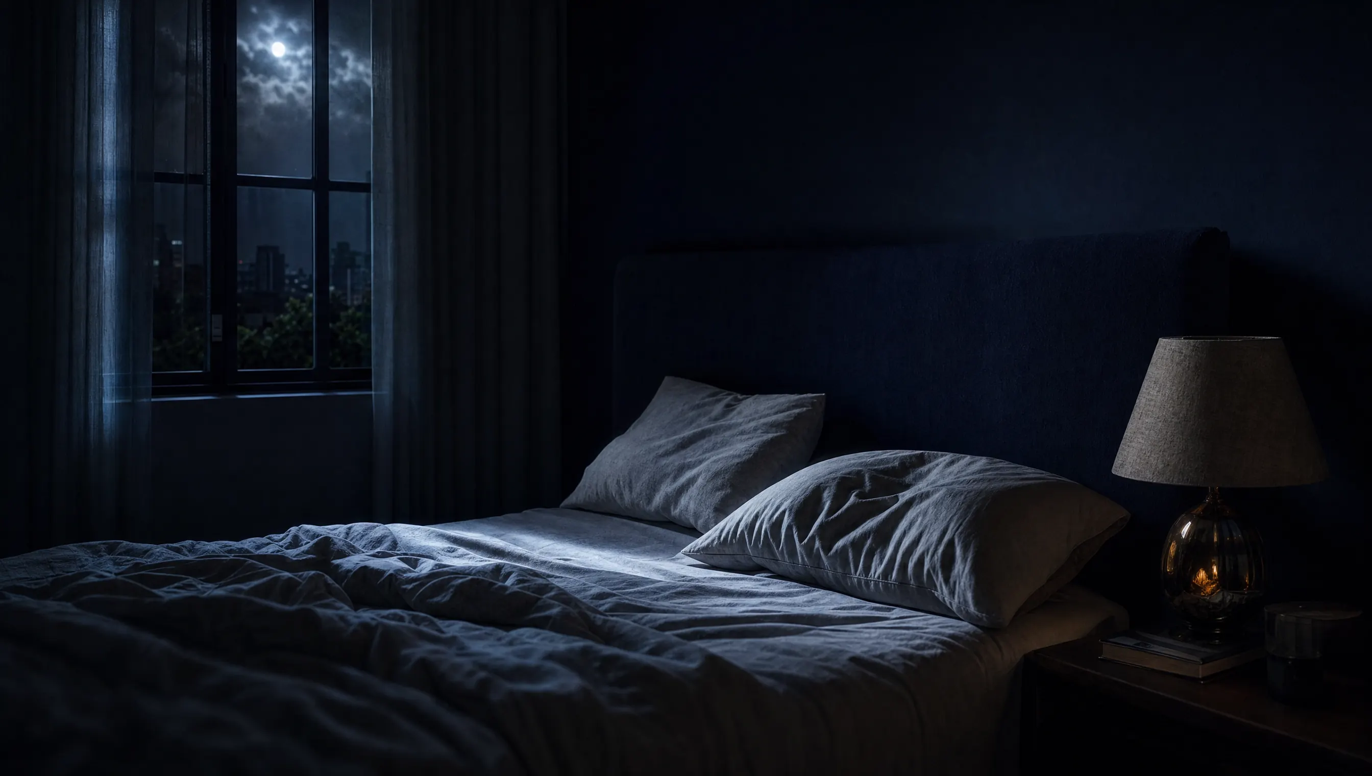 Dormitorio a oscuras con una lámpara de mesa apagada y sábanas revueltas iluminadas por luz de luna