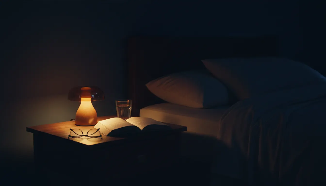 Mesa de noche con lámpara cálida, libro y vaso de agua en habitación oscura