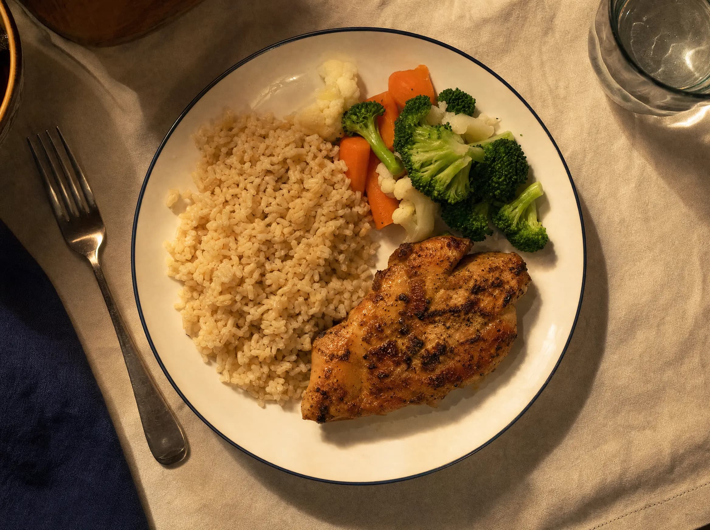 Plato de cena visto desde arriba con arroz integral, pollo y verduras al vapor sobre mantel color crema
