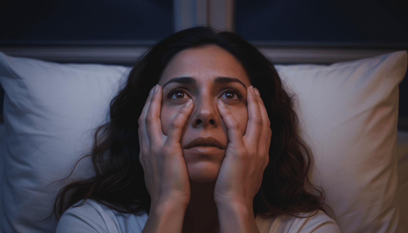 Persona en cama con manos sobre la cara en penumbra azulada nocturna