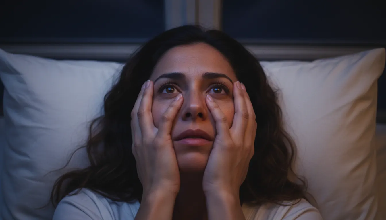 Persona en cama con manos sobre la cara en penumbra azulada nocturna