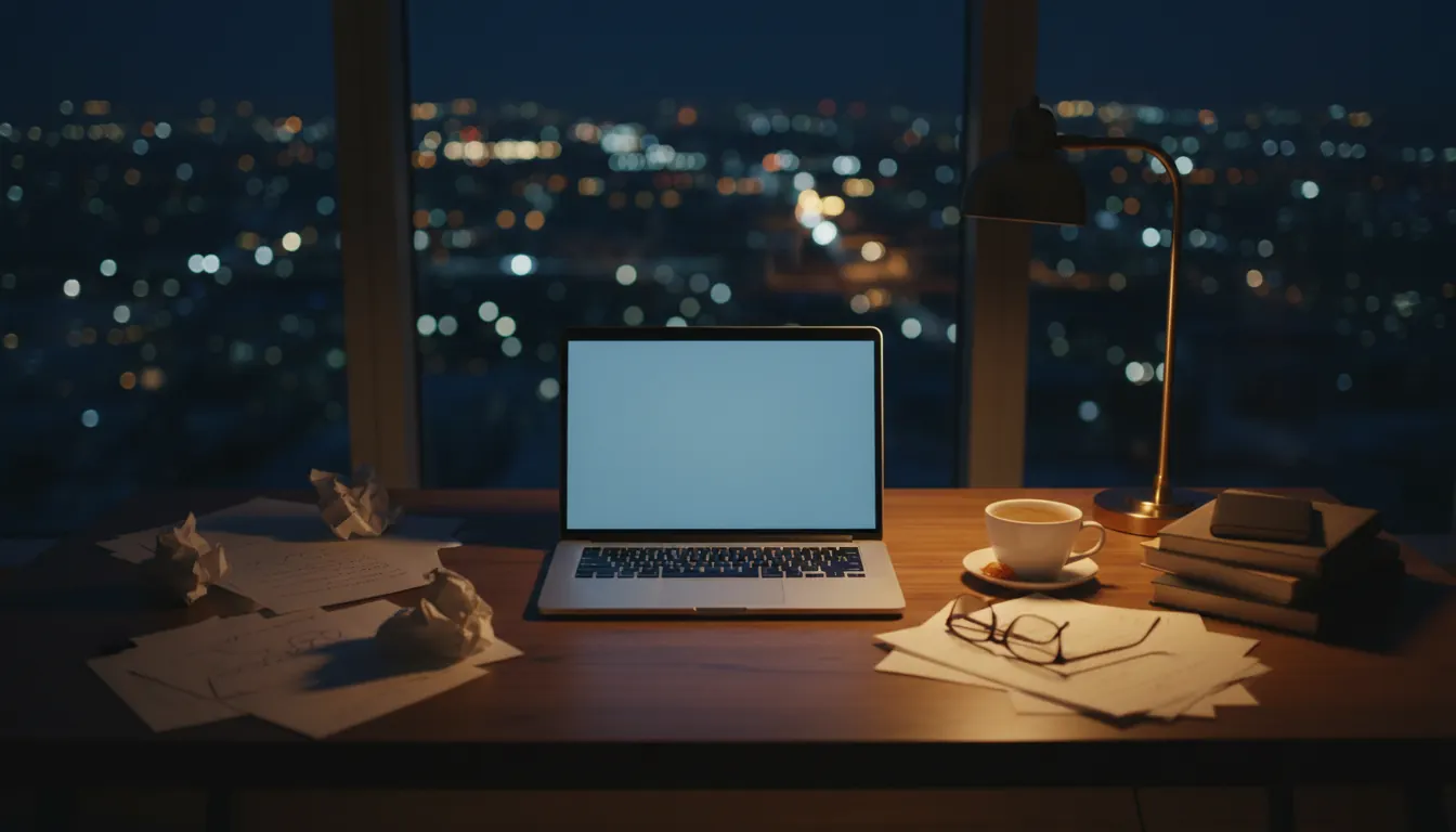 Escritorio con laptop encendida en la noche y vista de ciudad iluminada de fondo