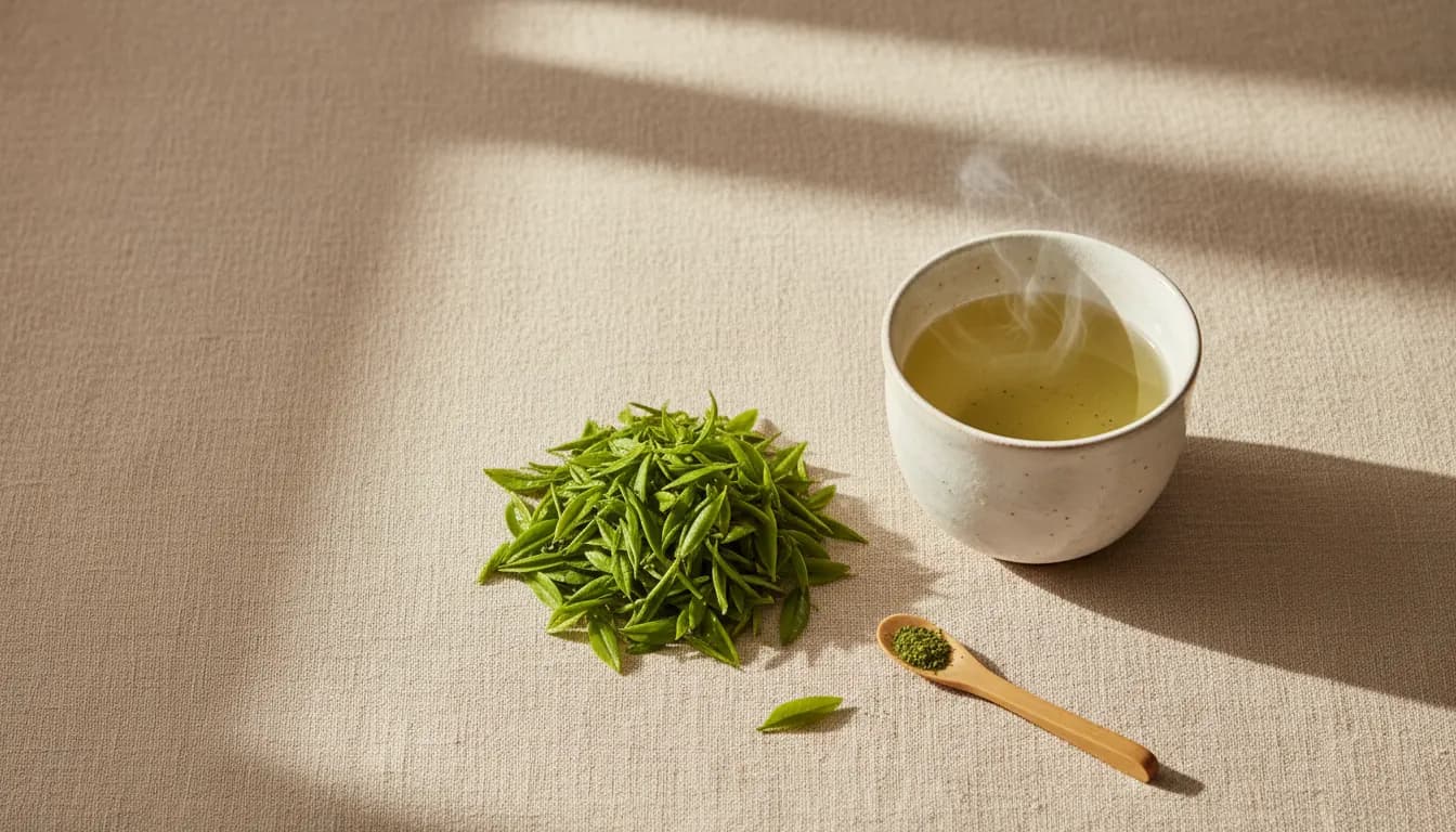 Hojas de té verde junto a una taza de cerámica clara sobre fondo neutro, luz suave matinal