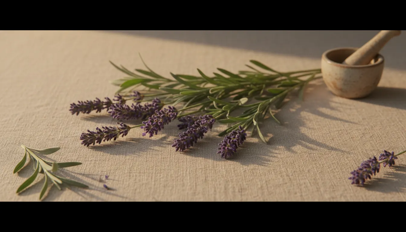 Ramillete de lavanda fresca sobre lino crudo y luz natural suave