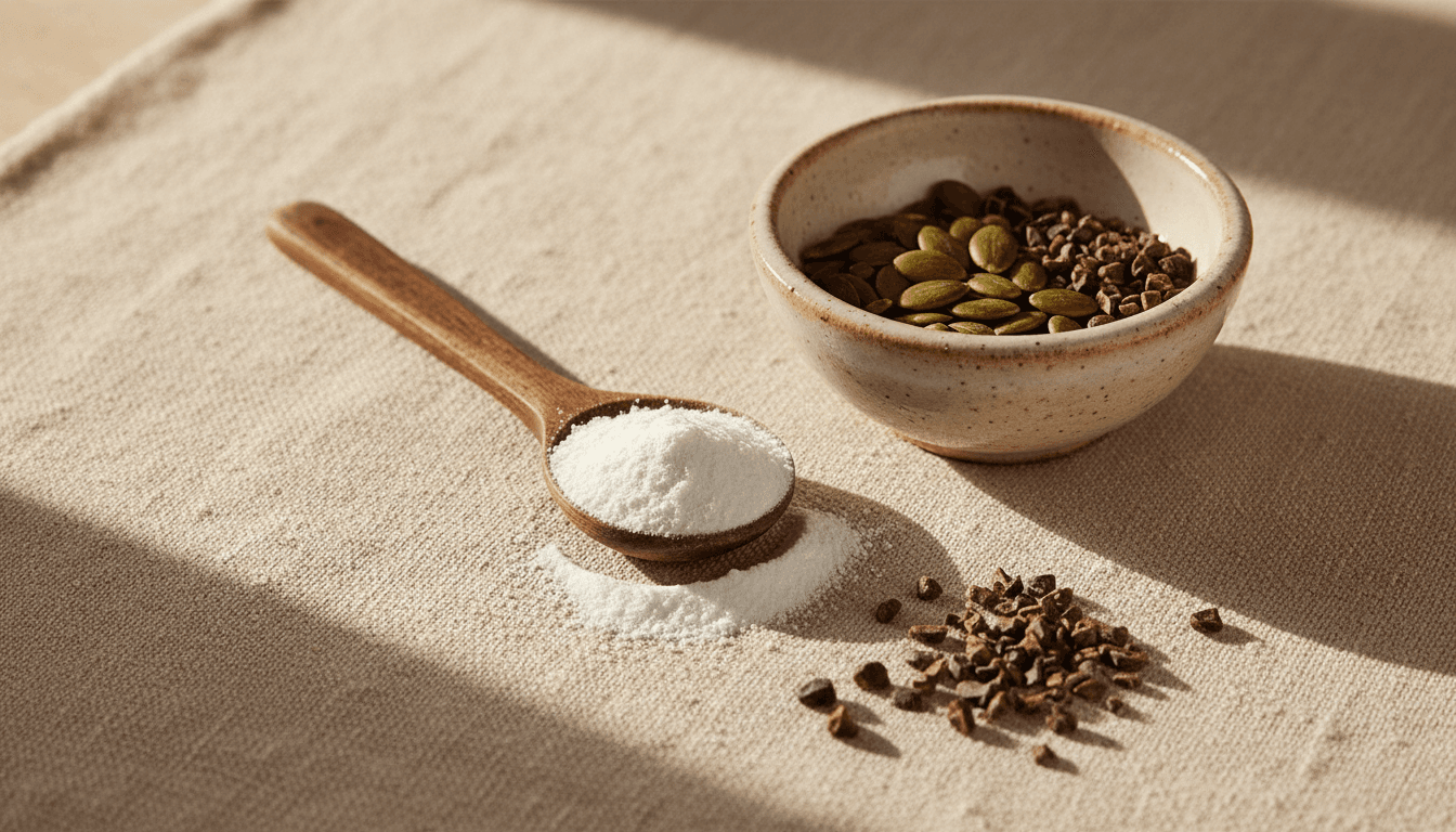 Polvo blanco fino de magnesio sobre cuchara de madera con plato cerámico