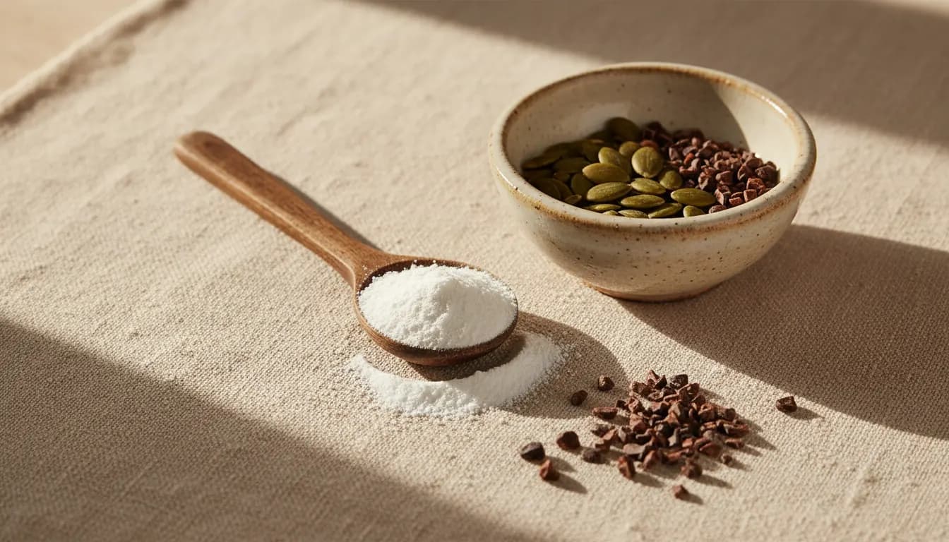 Polvo blanco fino de magnesio sobre cuchara de madera con plato cerámico